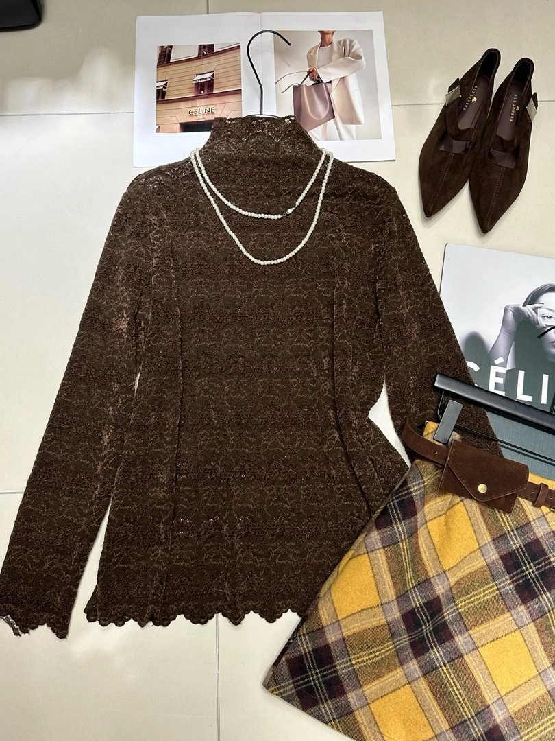 2025新款秋冬高领蕾丝长袖打底衫女