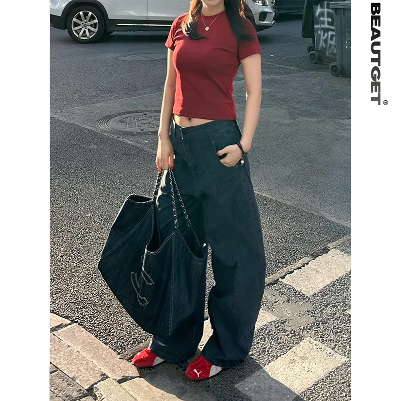 Beautget春夏美式简约百搭宽松小弯刀休闲裤女街头松弛潮流长裤