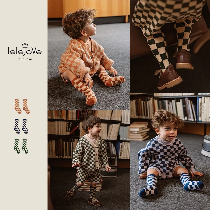 【lelejove】北欧风童装春季宝宝格子中筒袜儿童针织棉袜子3AS93374