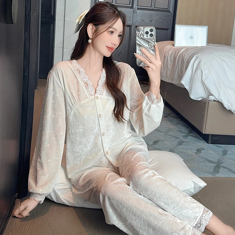 性感网红春秋冬款睡衣女2025年新款冬季长袖薄款金丝绒小v领套装