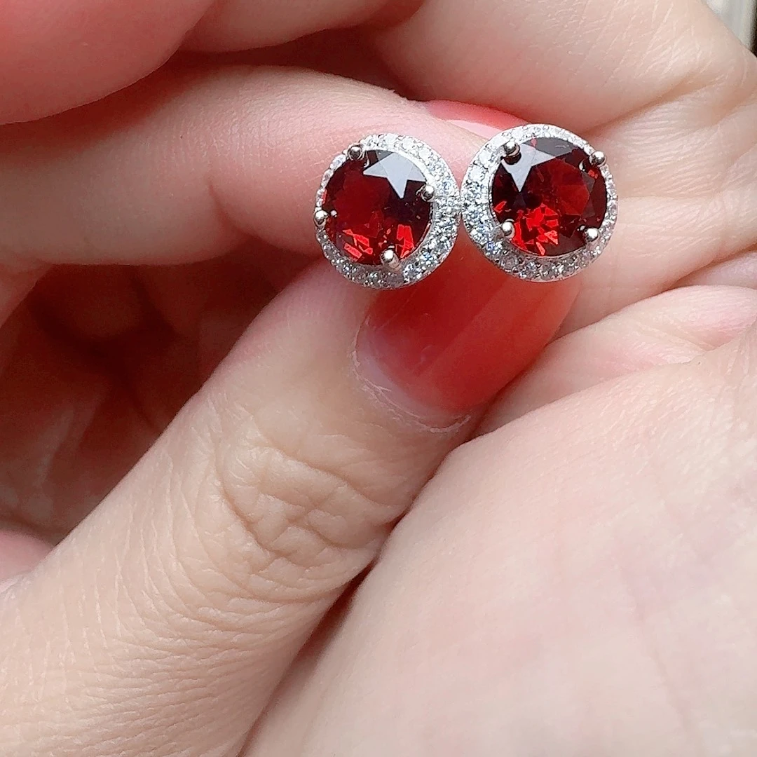 石榴石耳饰银S925镶嵌耳钉