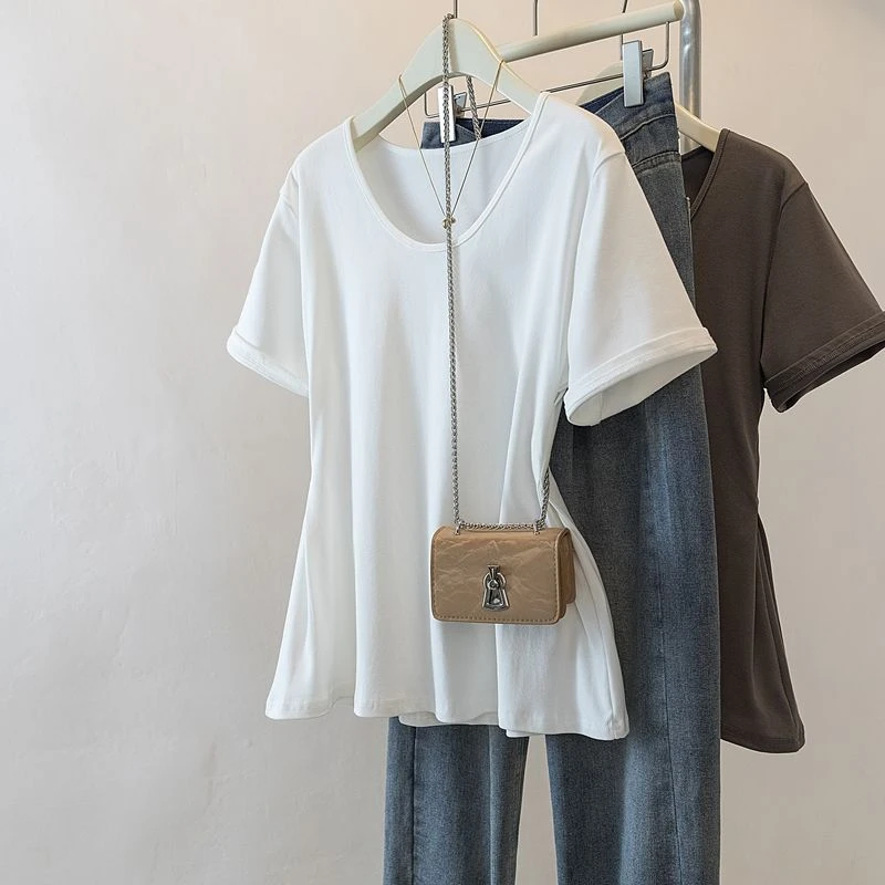 夏季微胖短袖u型领t恤女纯色拼接显瘦百搭正肩韩版宽松简约上衣