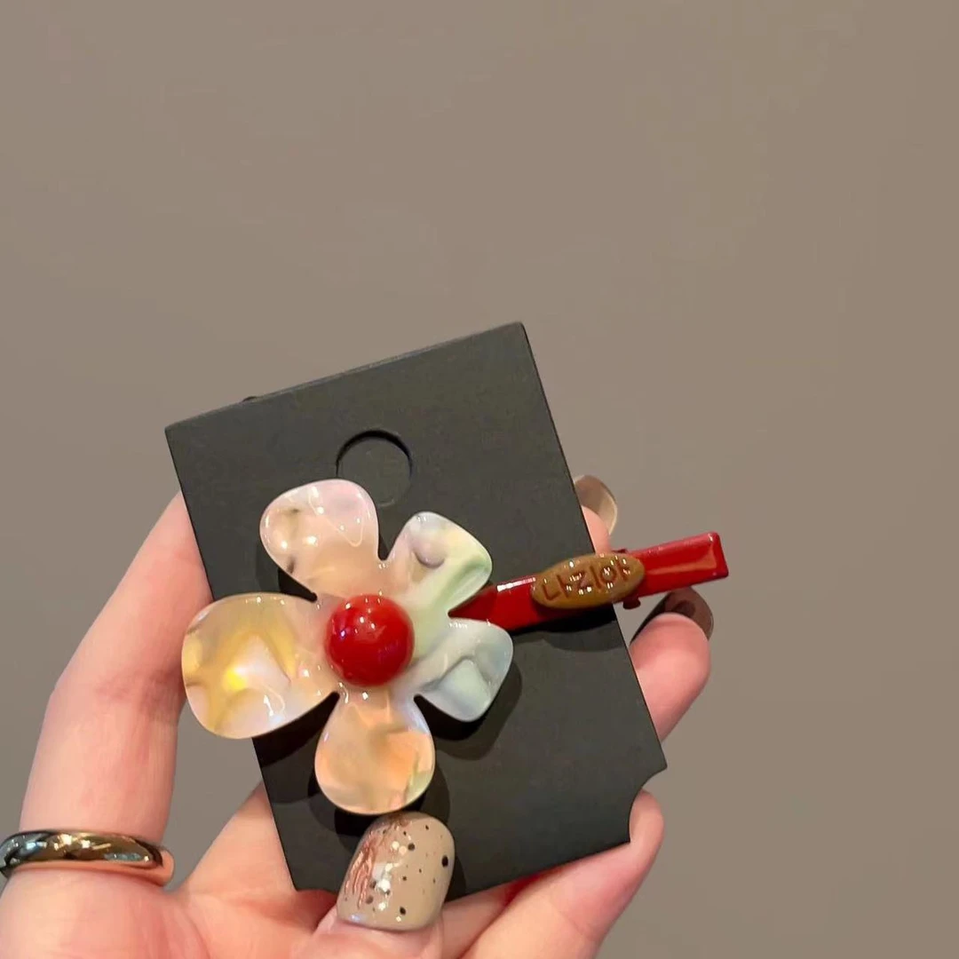 韩式炫彩色花朵发夹小众设计侧边夹前额刘海碎发夹新款发卡鸭嘴夹