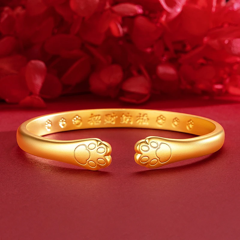 合金手镯 女款 招财纳福猫爪手镯     可爱软萌猫爪开口手镯实心