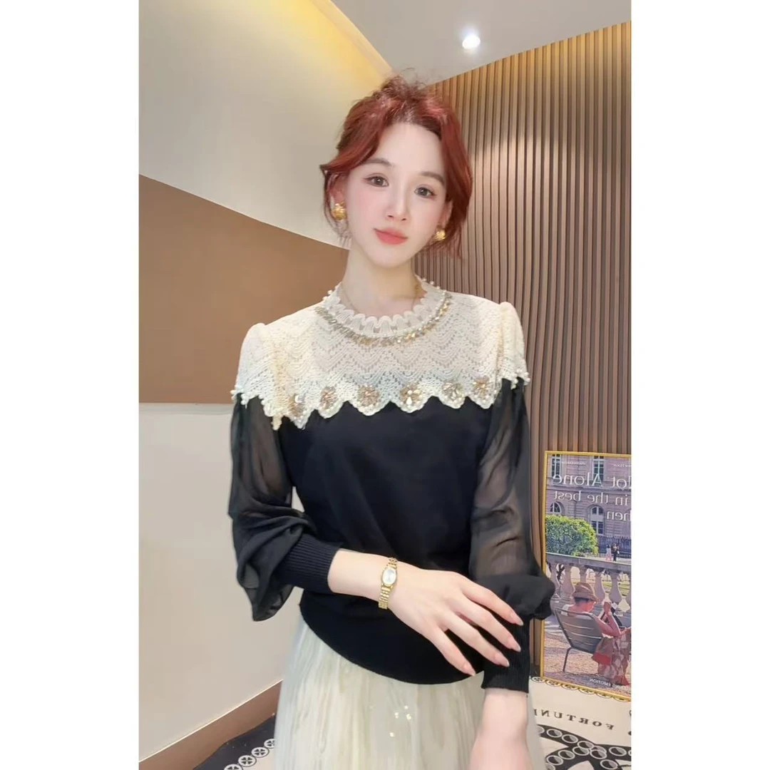 早秋新款法式别致重工蕾丝镂空针织衫女套头毛衣