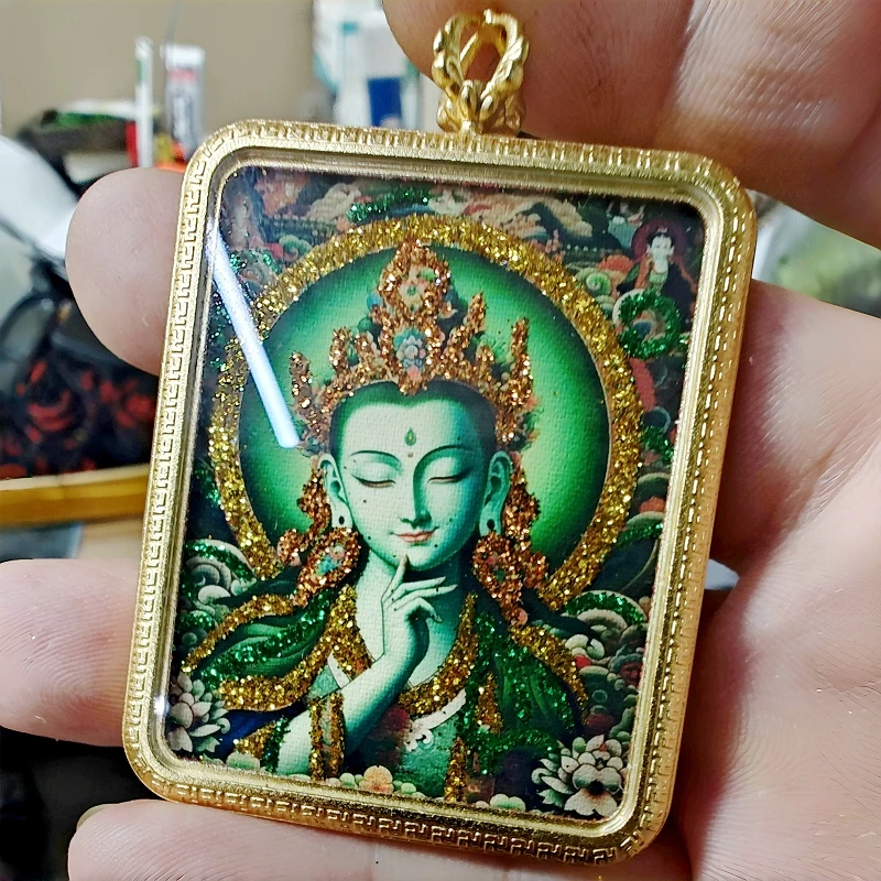 【纯手绘彩金】【绿度母】单面【金色】钛钢唐卡吊坠挂件项链送手机贴绳