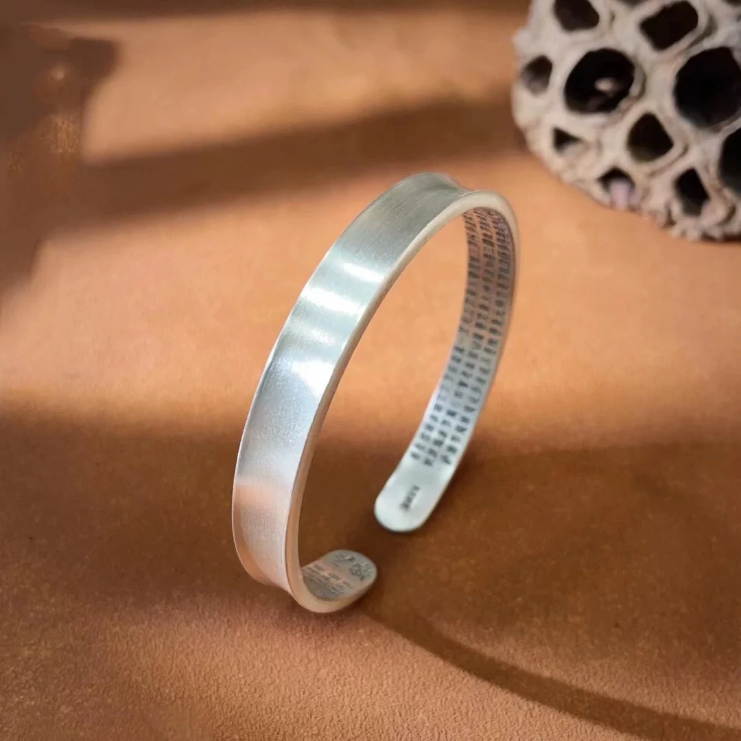 足银手镯 简约复古心经宽凹面纯银手镯个性百搭生日礼物足银999