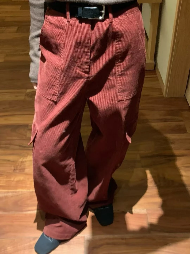 灯芯口袋直筒裤女