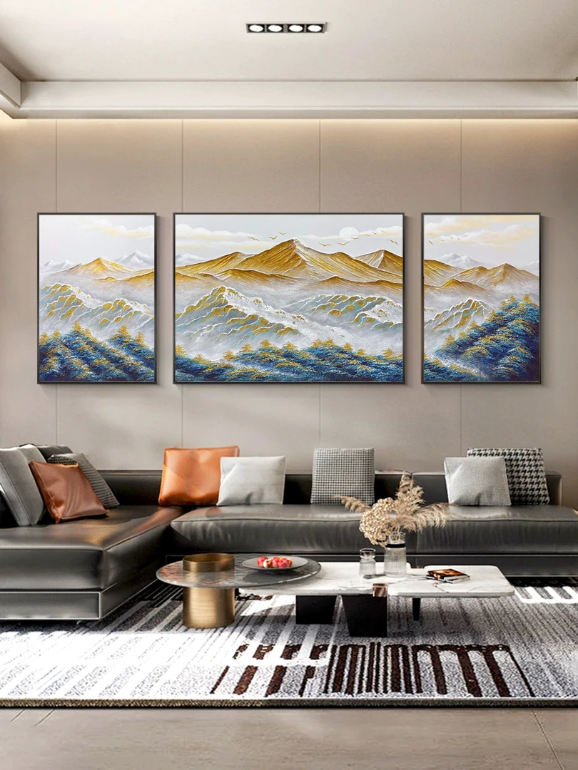 背靠金山手绘客厅装饰画油画三联画金箔肌理沙发背景墙挂画