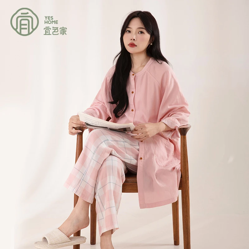 睡衣女士春夏爆款25纯棉双层纱睡裙宽松大码睡袍可外穿家居服套装