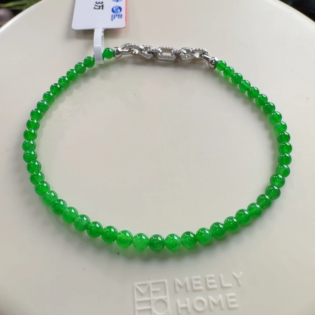翡翠未镶嵌手链行家货！高冰正阳绿色标小米珠3mm