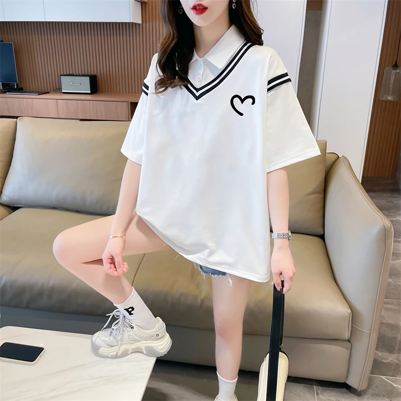 设计感学院风假两件短袖T恤女夏季宽松洋气减龄学生POLO领上衣潮