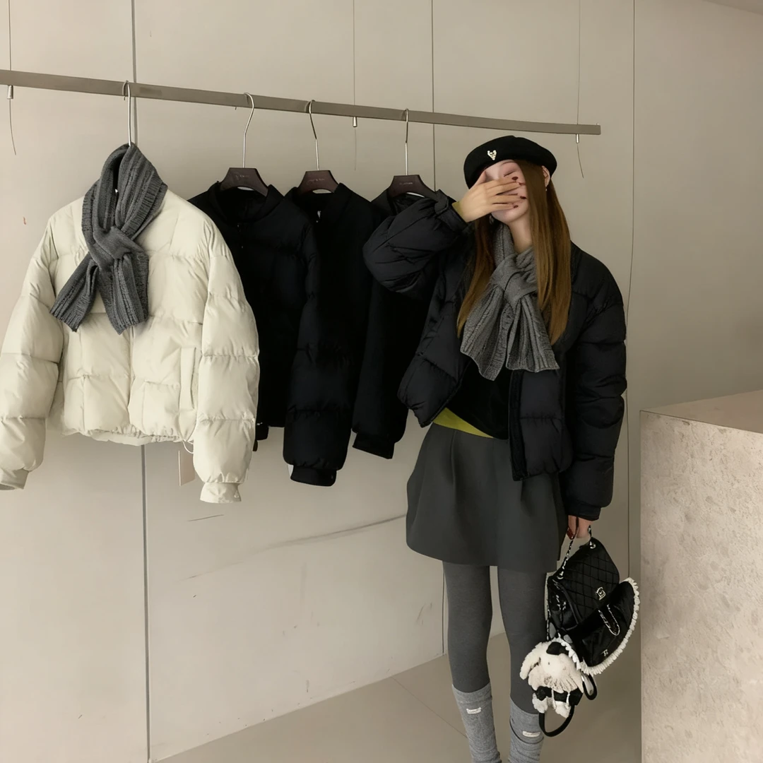 韩系秋冬宽松纯色短款圆领保暖羽绒服外套（配围巾）