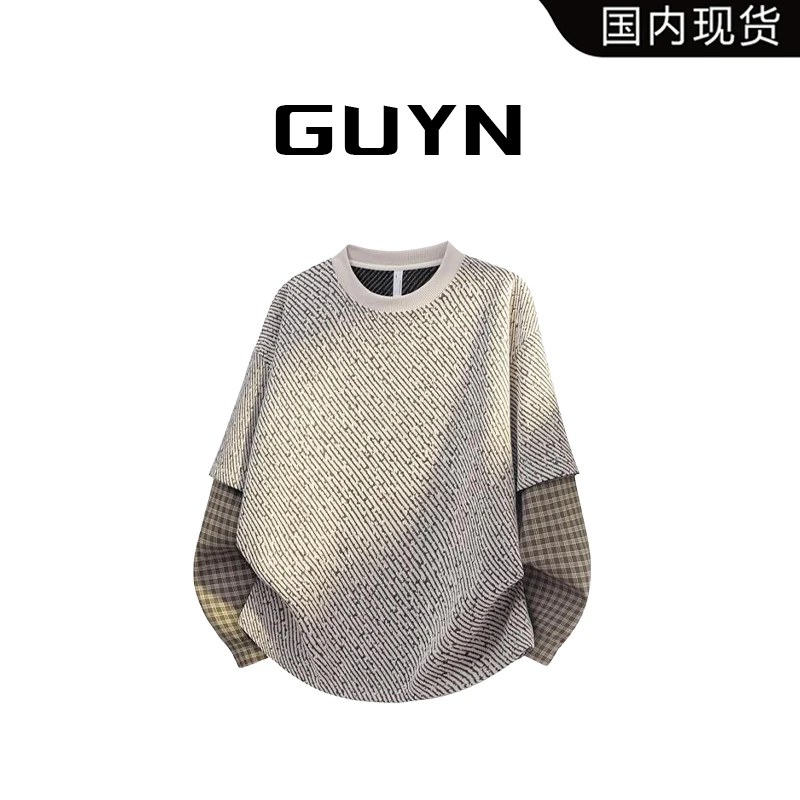 【品牌现货】GUYN美式假两件卫衣秋季新款潮格子袖内衬休闲长袖上衣