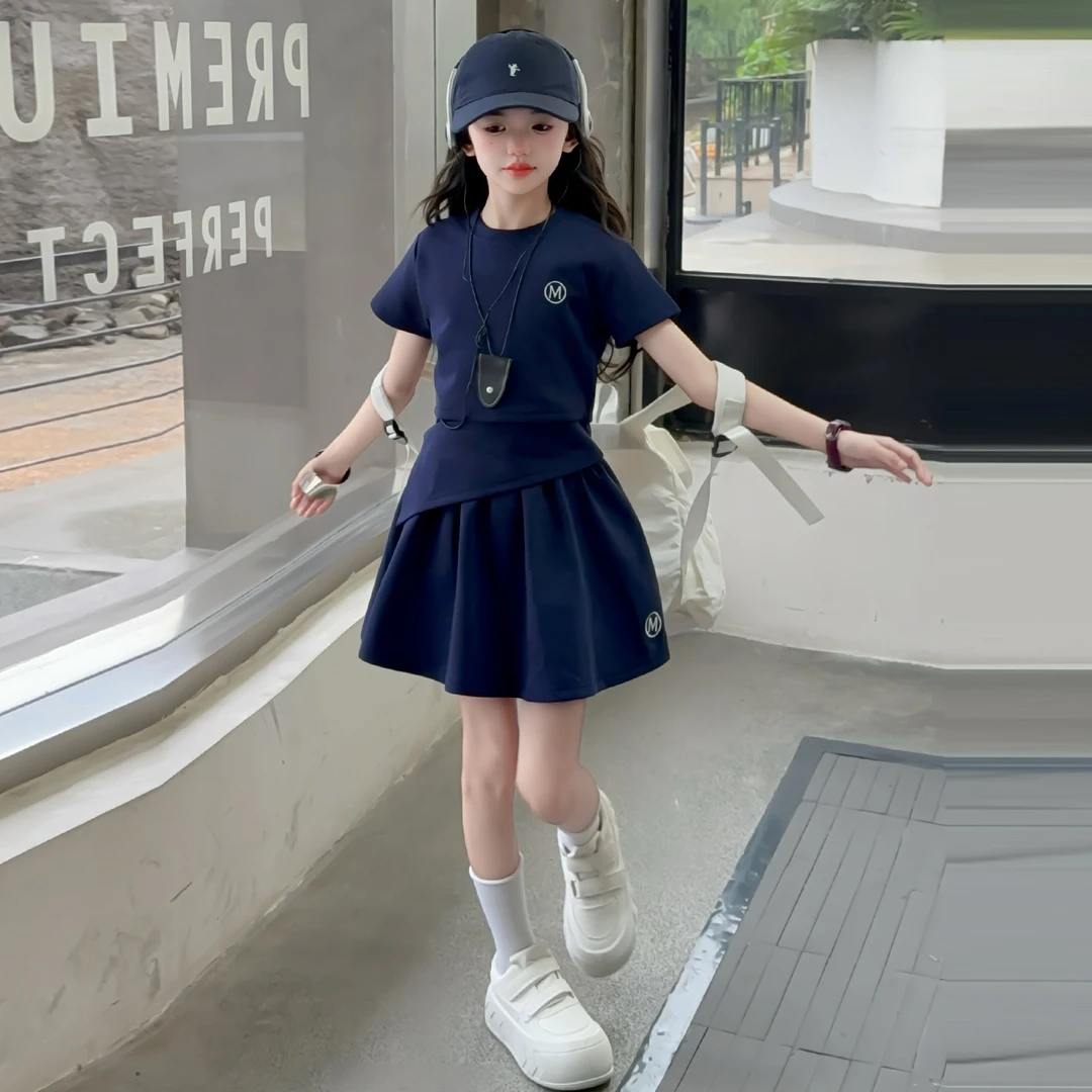女童夏季套装2025新款女大童时尚短袖T恤短裙休闲炸街薄款两件套