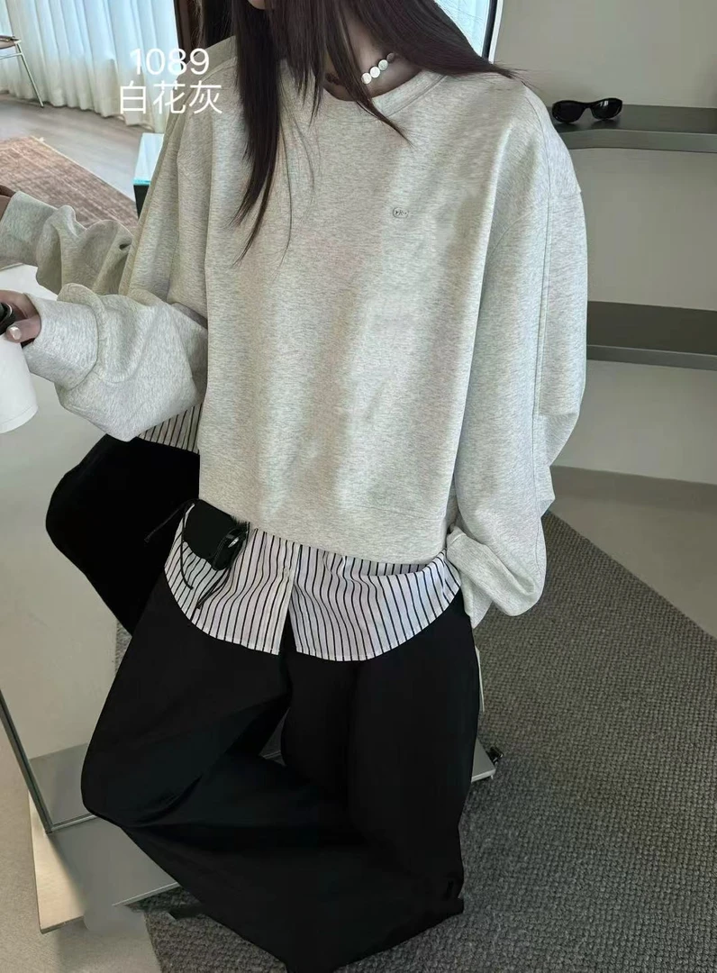【HXQ 1089】圆领慵懒风适中女宽松型拼接卫衣开衫气质秋季重工