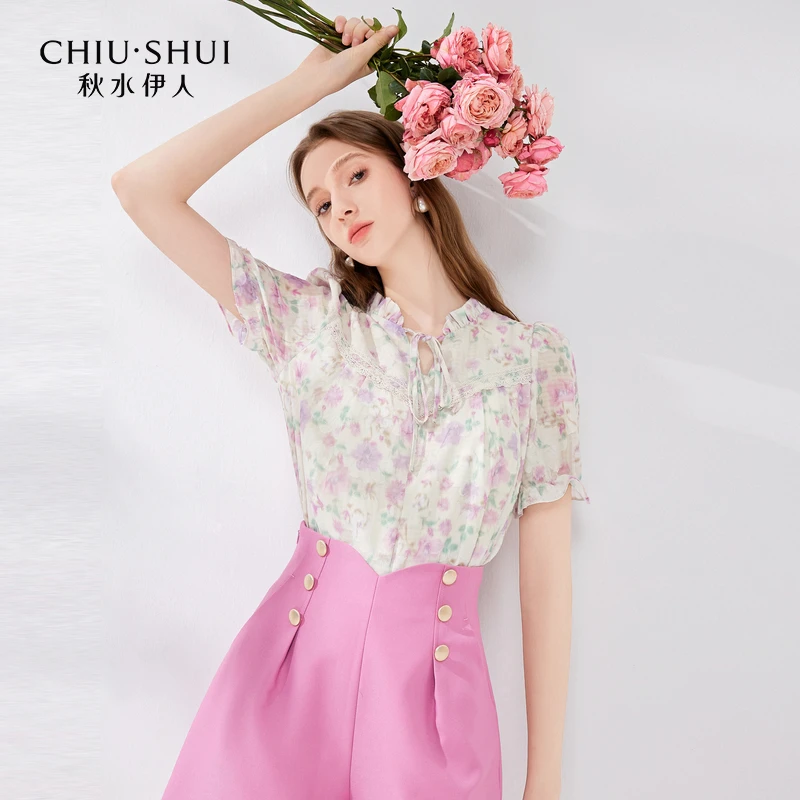 【直播】秋水伊人木耳边小立领雪纺衫女碎花减龄短624202A050028