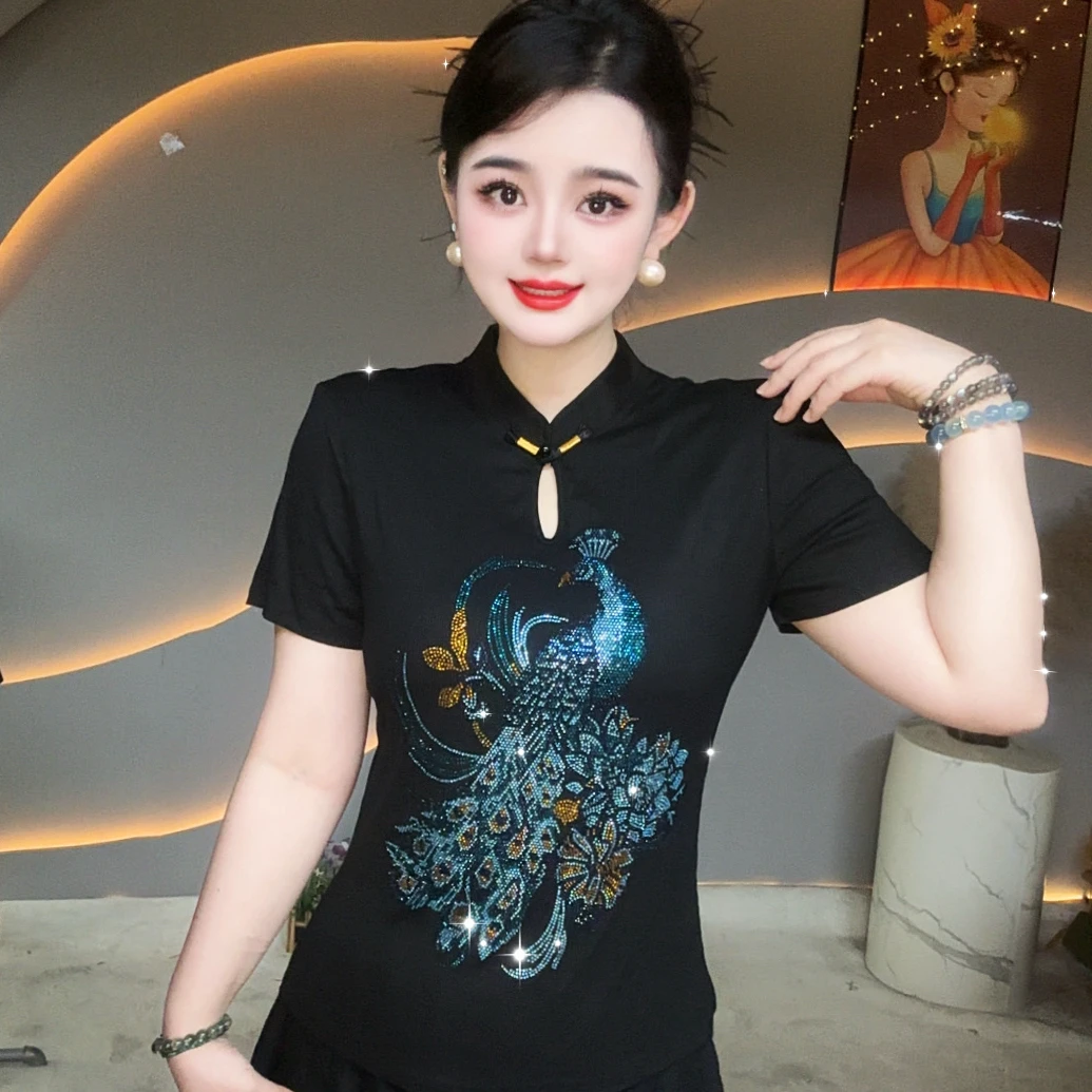 【蓝孔雀】新中式国风旗袍领爆款洋气重工短袖打底衫女3143