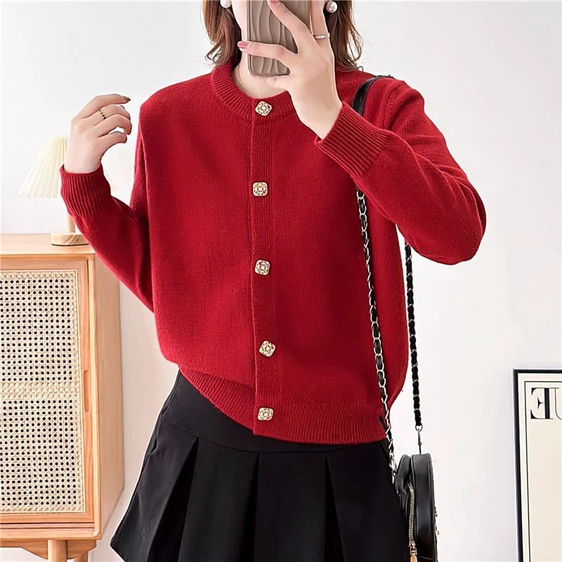 秋冬红色圆领针织开衫新年长袖百搭时尚宽松韩版洋气毛衣外套上衣