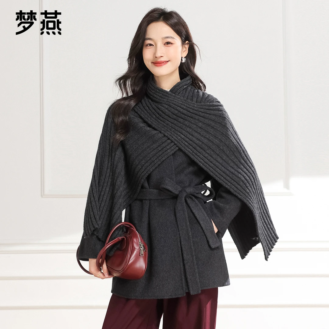 梦燕秋冬女时尚气质中长款A型小圆领长袖手工披肩大衣7CA30B5006