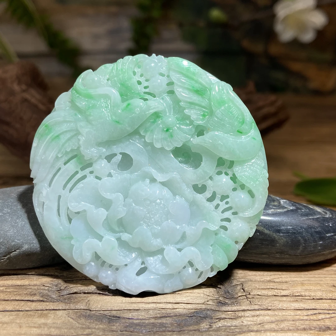 天然A货翡翠飘绿凤穿牡丹3号