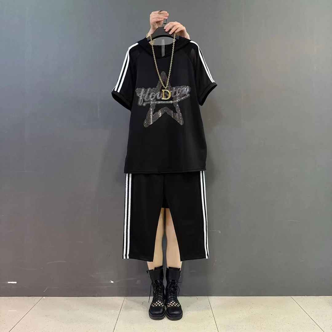 胖MM夏季新款烫钻星星连帽半袖T恤八分裤休闲两件套