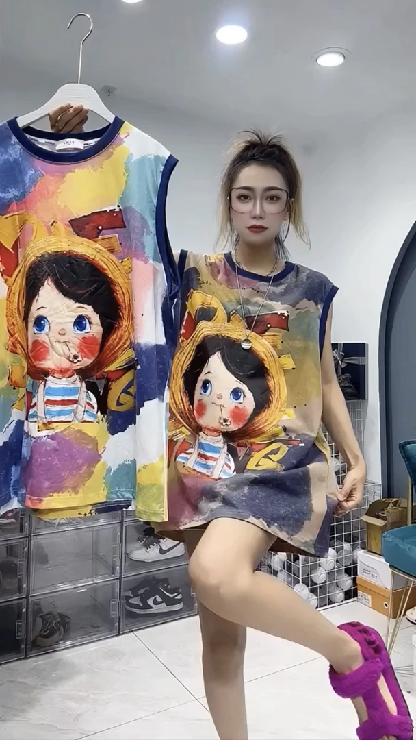 欧洲站卡通女孩坎袖背心t恤夏季新款韩版洋气时尚减龄宽松上衣潮