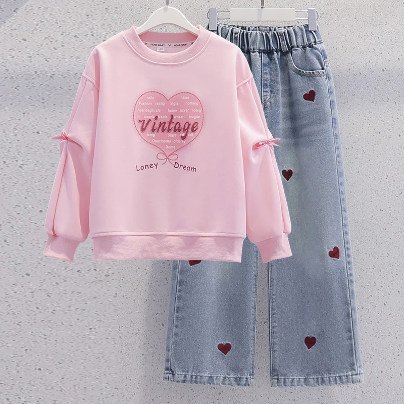 女童卫衣套装春秋装2025新款韩系儿童大童超好看爱心阔腿裤两件套