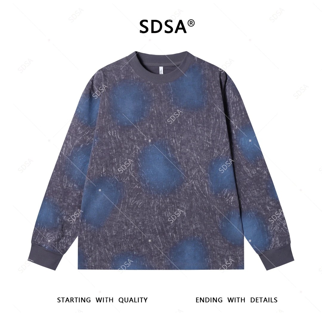 SDSA男士秋冬新款轻奢痞帅男装做旧晕染圆领长袖T恤扎染百搭上衣