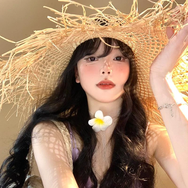 手工编织镂空拉菲草帽女夏季海边沙滩度假大帽檐遮阳太阳帽子