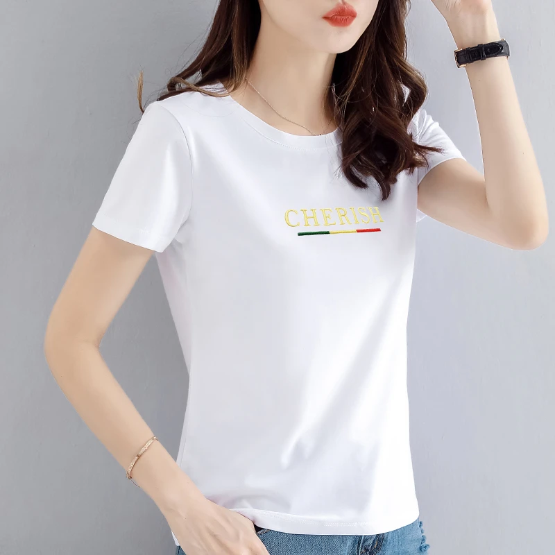 凉感透气刺绣圆领白色短袖T恤夏季2026新款时尚妈妈正肩休闲上衣