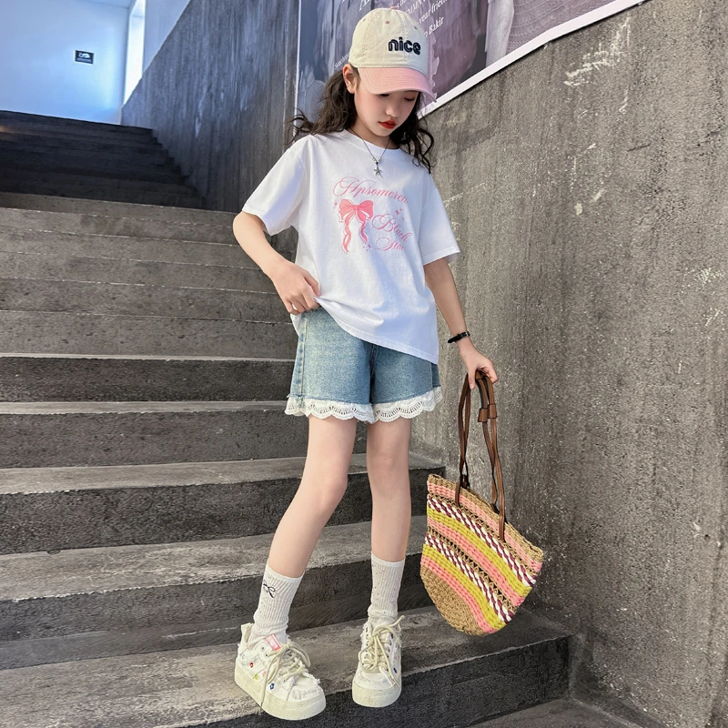 女童夏装套装2025新款中大童时髦洋气短袖儿童夏季牛仔短裤两件套