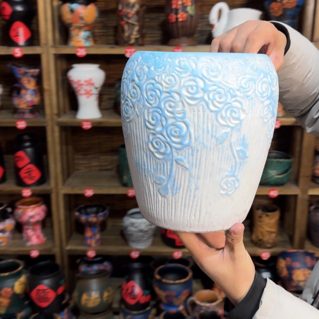 红陶浮雕花盆炸炸炸