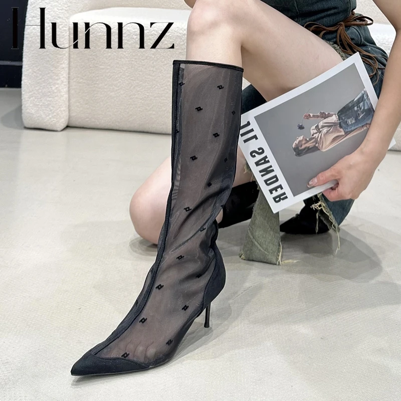 hunnz网纱靴子夏季薄款6公分跟透气网面精致高级感不累脚气质高筒