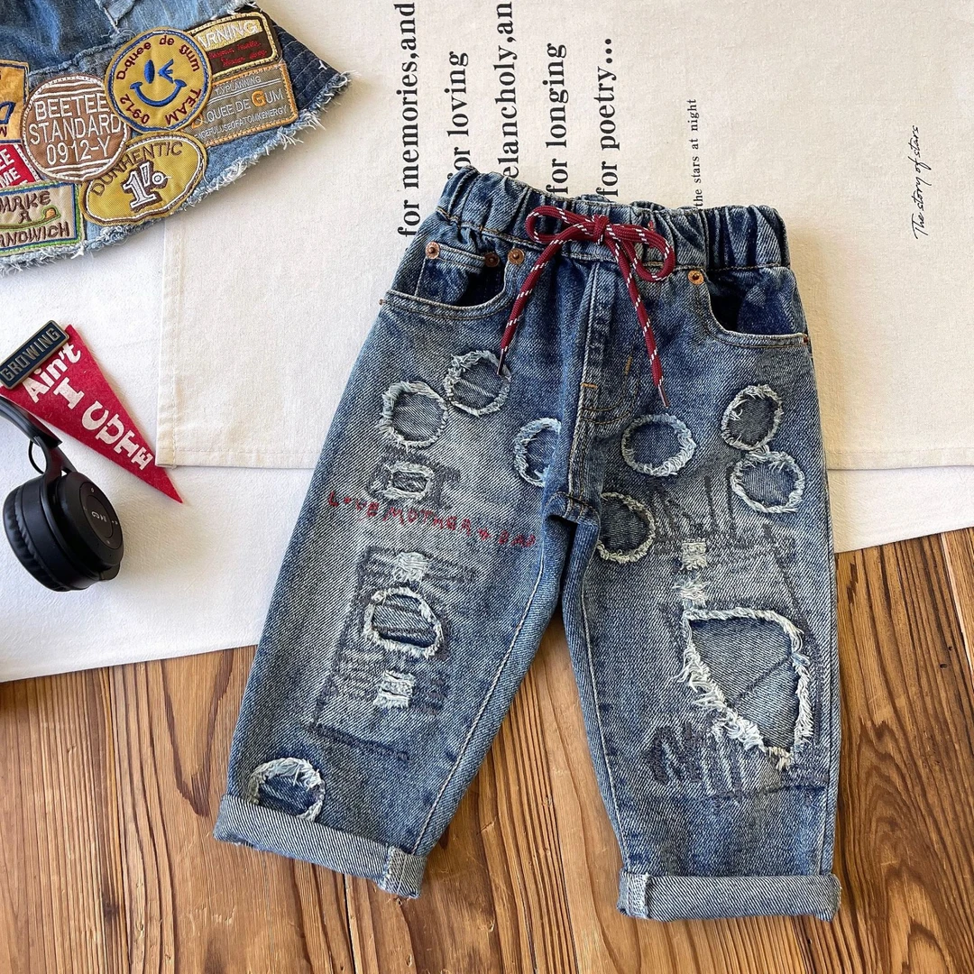 【定制清仓】日系童装中古潮牌DD儿童破洞红绳牛仔裤