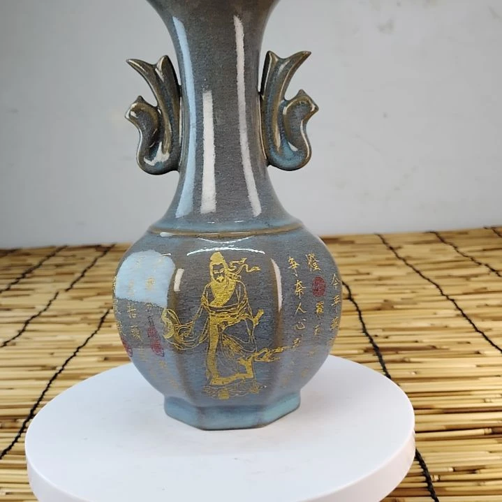 摆件陶汝窑描金包铜口老工艺