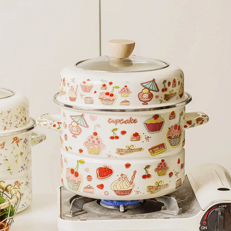 【设计师款】加厚 双层珐琅蒸锅 24厘米 甜品蛋糕花