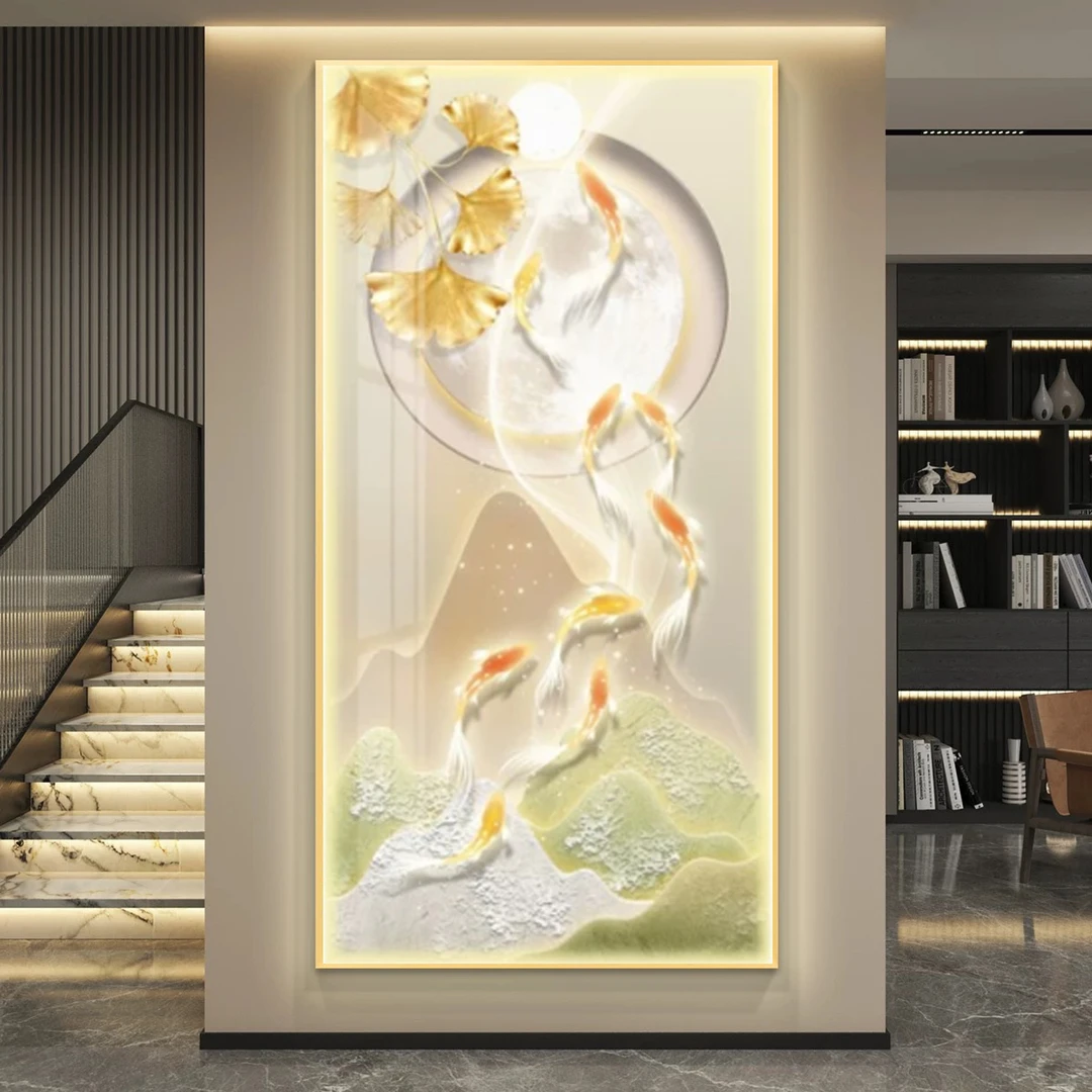 九鱼图玄关画奶油风简约装饰画带灯简约镶钻高级感走廊过道壁挂画