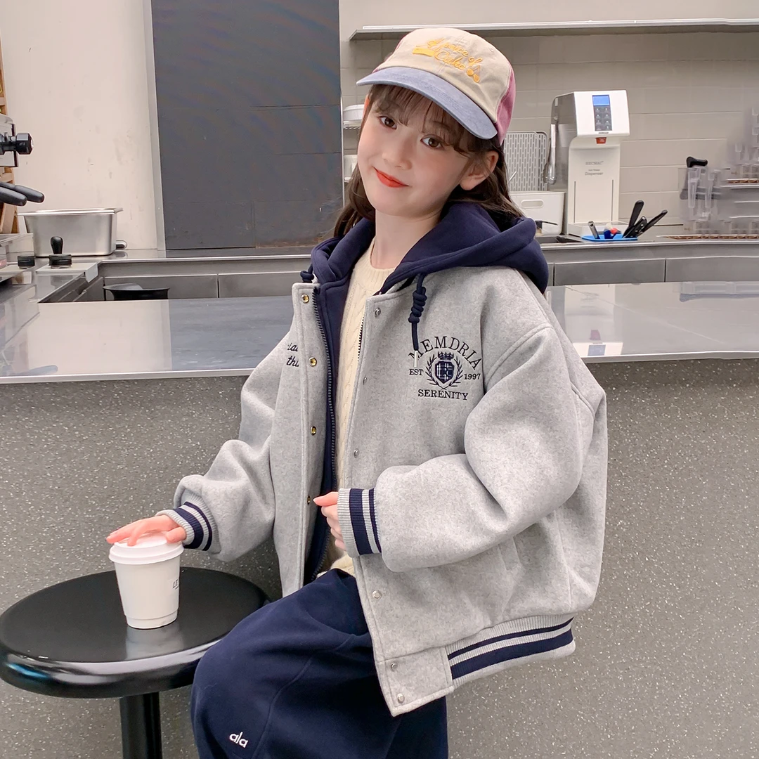 女童秋冬款夹棉加厚外套2025新款洋气女大童儿童冬季连帽棒球服潮