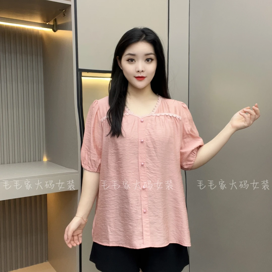 法式V领短袖宽松衬衫2025新款夏季遮肚显瘦A字衫洋气上衣 薄衫