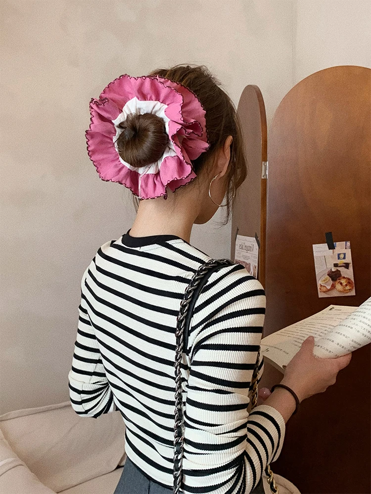 撞色双层复古花边芍药粉大肠发圈马尾发绳高级感盘发秋冬甜美风