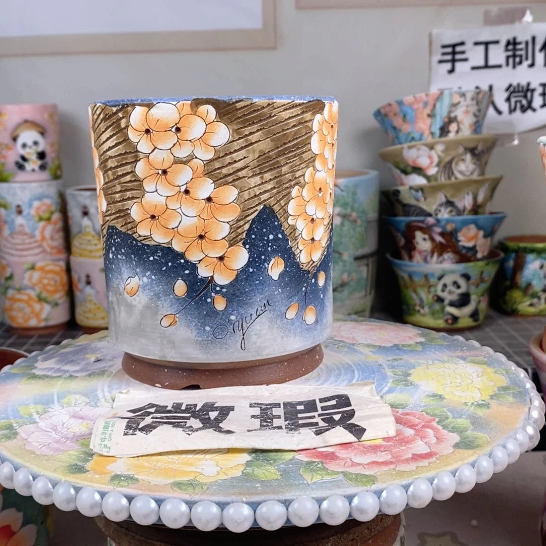 紫砂花盆红陶手绘花盆