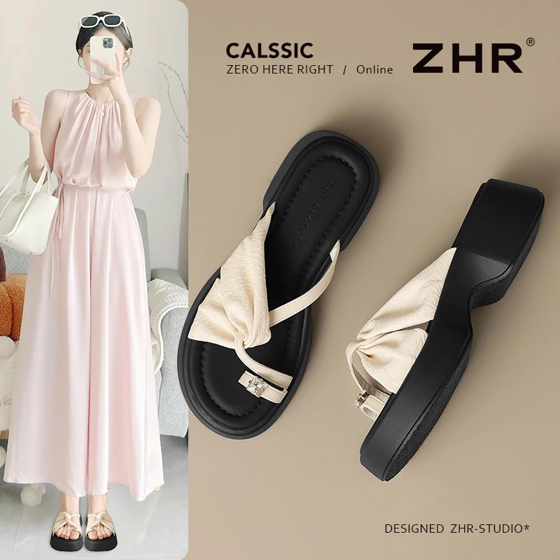 ZHR厚底拖鞋夏季新品女鞋孕妇带钻夏季一字凉拖小个子增高外穿