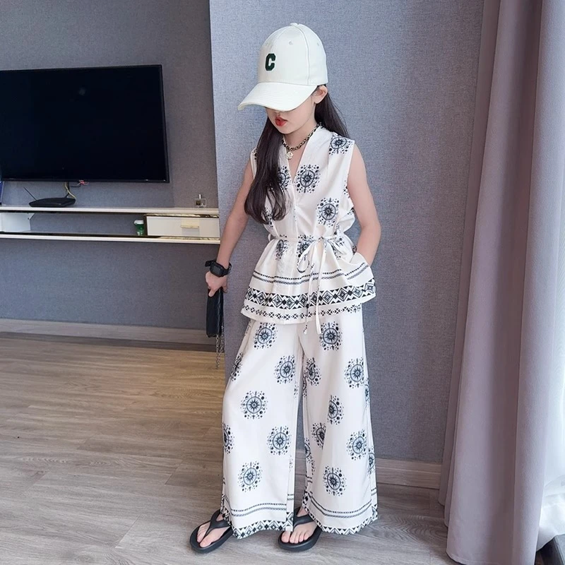 女童2025夏季新款复古印花收腰无袖背心阔腿长裤女孩度假风两件套