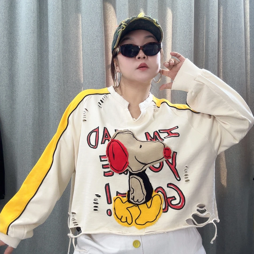 6591欧货春季新款时尚气质潮流拼接拼色印花贴布绣狗狗破洞卫衣