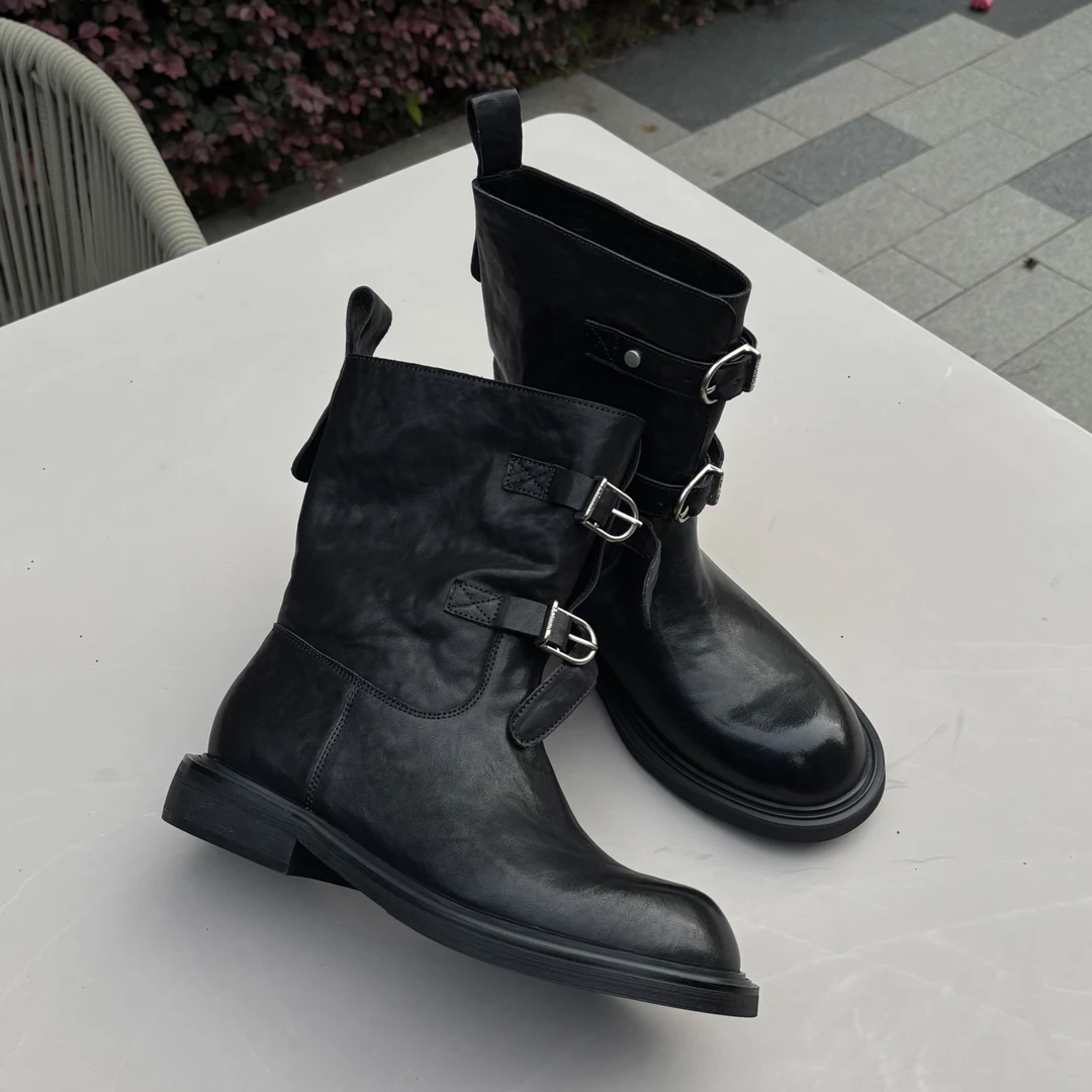 重工水洗马皮时装厚底女靴2025秋冬新款