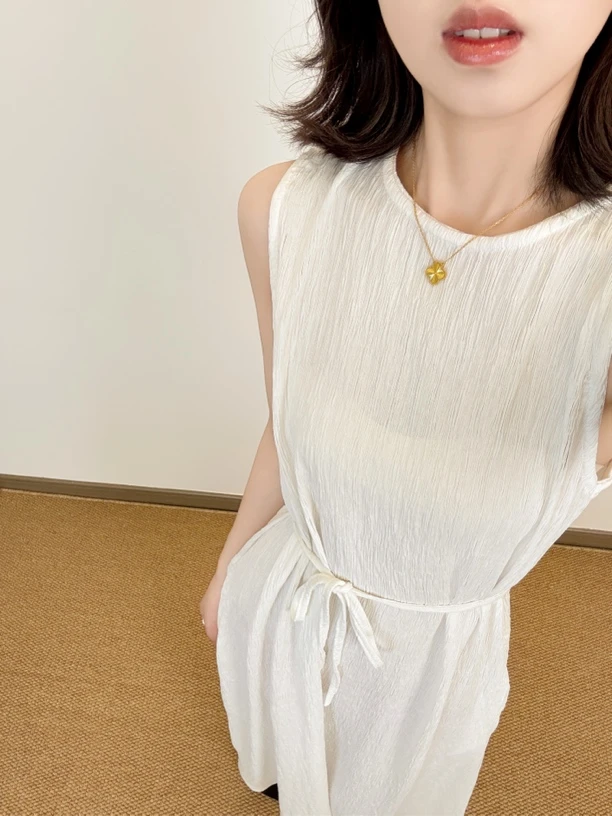【洛里studio】肌理感圆领无袖系带弹力长裙