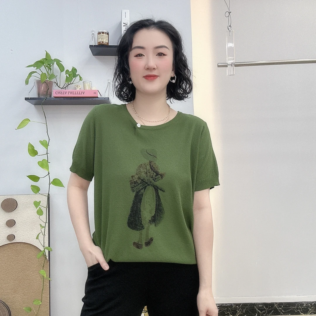 新款棉麻圆领印花针织短袖女气质韩版休闲百搭韩版宽松半袖T恤衫