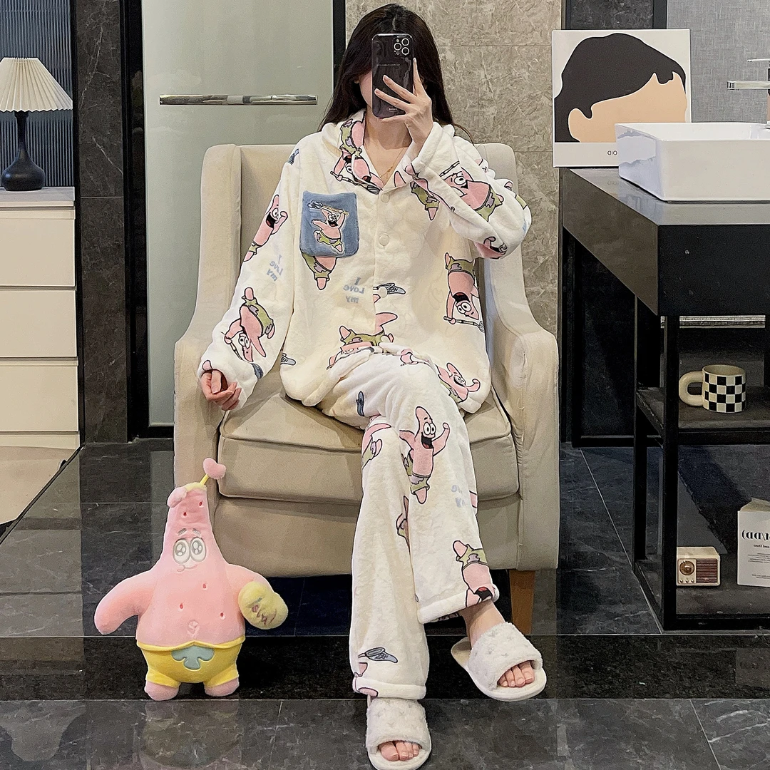 珊瑚绒睡衣女秋冬季2025新款加厚大码保暖法兰绒派大星套装家居服