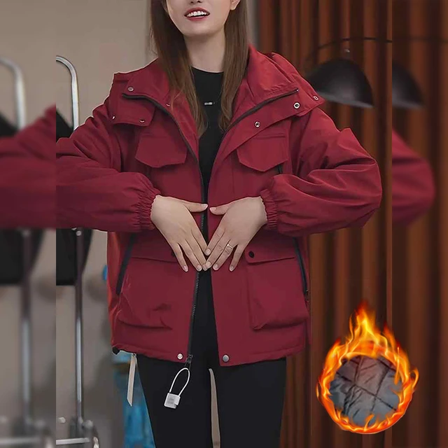 冲锋衣女款2025新款秋冬季夹棉连帽工装夹克加厚保暖休闲棉衣棉服